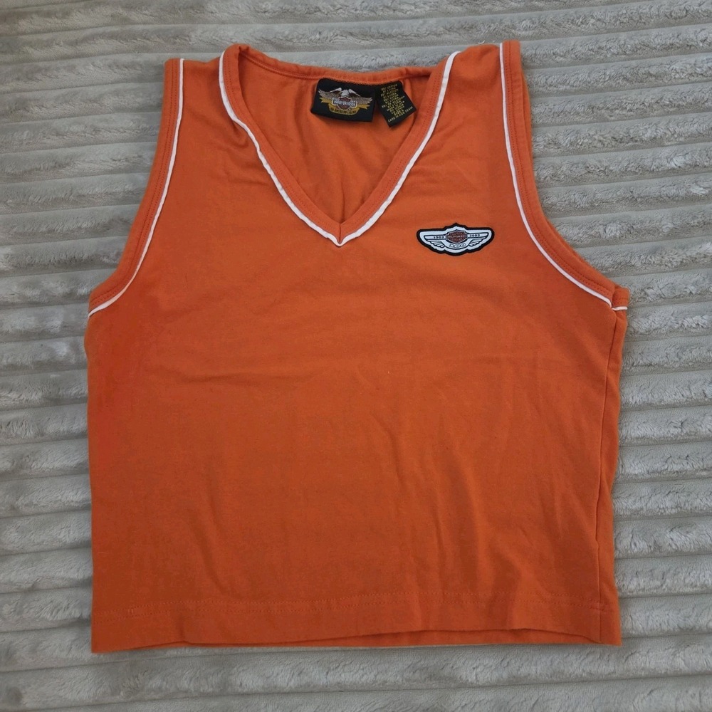 Vintage Harley Davidson Tank Top Womens L Orange White Trim Wing Patch V-Neck